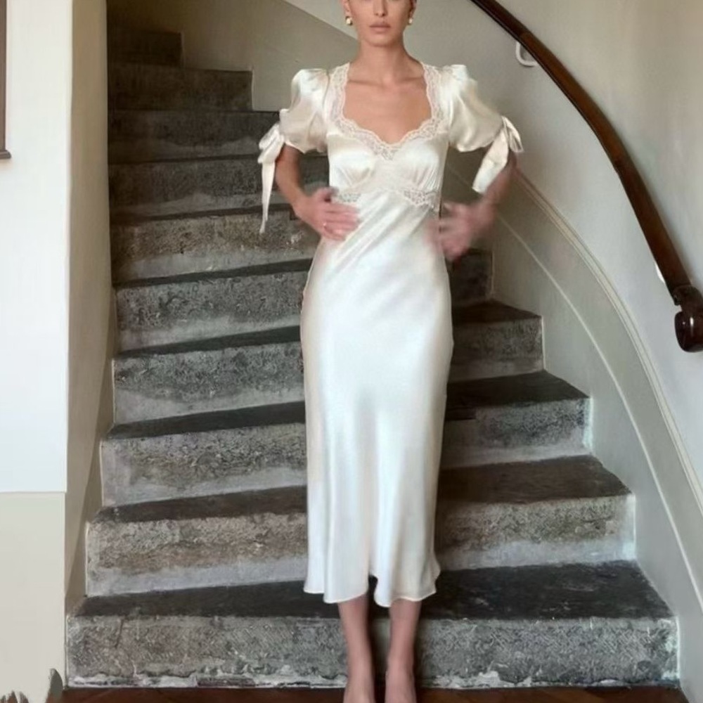 Reformation Satin Midi Dress in Ivory Cream with Lace Trim
